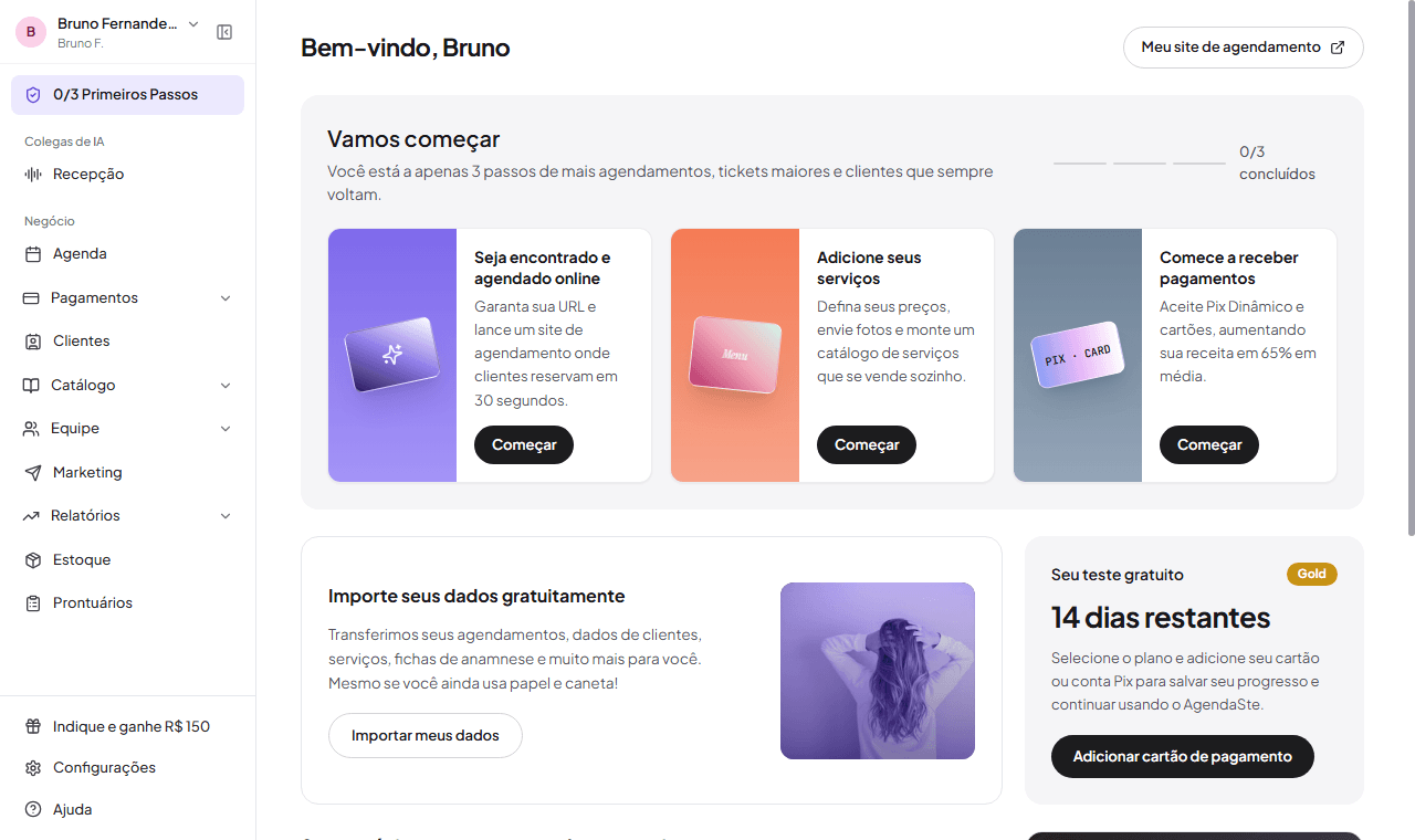 Painel real da LUVEA com agenda, recepção IA e pagamentos